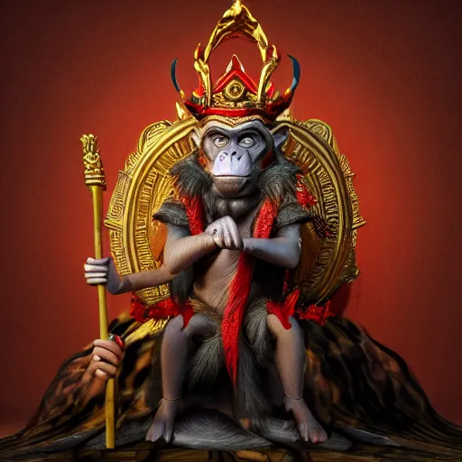 Image similar to monkey king godly lord of monkeys, wearing a crown, holding a staff, sitting in throne, dark lighting, dim lightning, red eyes, gothic dark style 8 k render high detail