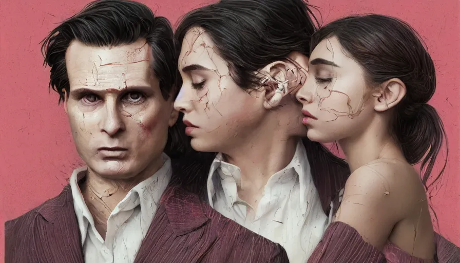 Image similar to intimacy, highly detailed creepy vfx portrait of a patrick bateman, ana de armas, madison beer, stephen bliss, unreal engine, greg rutkowski, loish, rhads, beeple, makoto shinkai and lois van baarle, ilya kuvshinov, rossdraws, tom bagshaw, global illumination, detailed and intricate environment