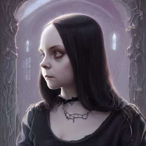 Prompt: Christina Ricci as Wednesday Addams, D&D, fantasy, intricate, cinematic lighting, highly detailed, digital painting, artstation, concept art, smooth, sharp focus, illustration, art by Artgerm and Greg Rutkowski and Alphonse Mucha