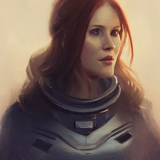 Image similar to Portrait of a woman by Greg Rutkowski, she is about 30 years old, redhead, long straight hair, beautiful oval face, wearing a futuristic spaceship captain uniform, strict but caring mom vibes, highly detailed portrait, digital painting, artstation, concept art, smooth, sharp foccus ilustration, Artstation HQ.