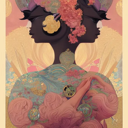 Image similar to asian princess portrait symmetry, with a flower kimono, curvy, royal style, elite, gold, art deco, stylized illustration by peter mohrbacher, moebius, mucha, victo ngai, colorful comic style