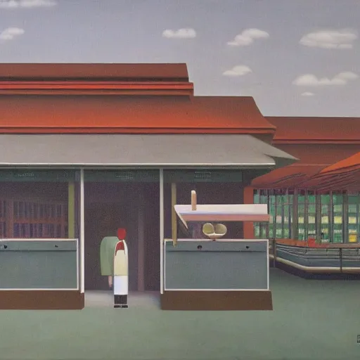 Image similar to A painting of a hawker centre by Rene Magritte