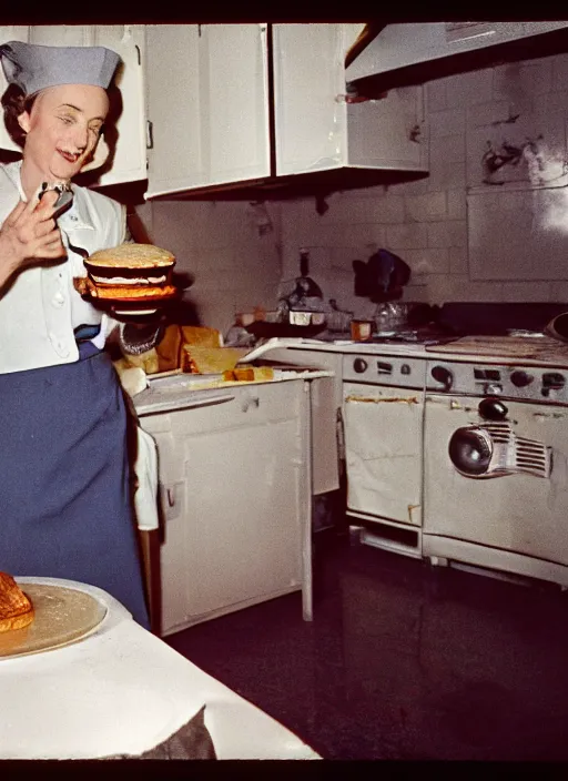 Prompt: a 35mm photograph of Hitler as a 1950's housewife, baking a cake, in a messy kitchen Canon 50mm, film, Kodachrome