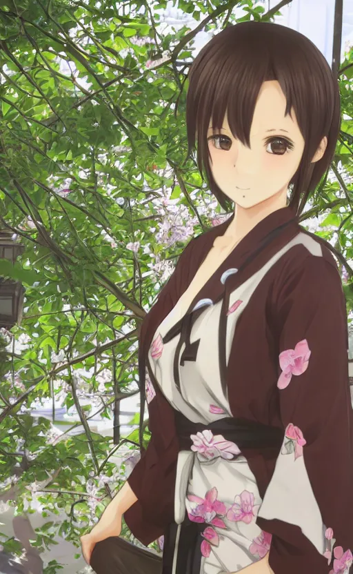 Image similar to anime style, gta 5, portrait of girl, yukata clothing, sakura tree in background, brown short hair, hair down, symmetrical facial features, from arknights, hyper realistic, rule of thirds, extreme detail, 4 k drawing, safebooru, realistic lighting, by alphonse mucha, greg rutkowski, sharp focus, backlit