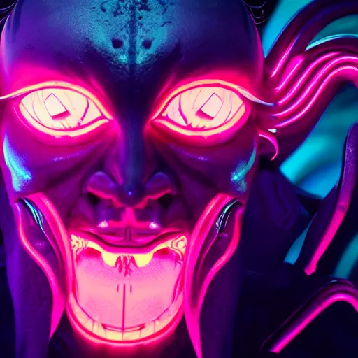 Image similar to synthwave demonic alien face with neon horns, detailed face, sharp focus, synthwave art, aesthetic, octane render, raw, cinematic