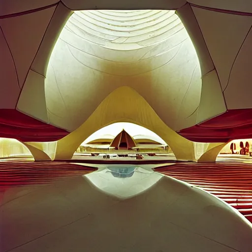 Image similar to interior of a futuristic lotus temple with gold, red and white marble panels, in the desert, by buckminster fuller and syd mead, intricate contemporary architecture, photo journalism, photography, cinematic, national geographic photoshoot