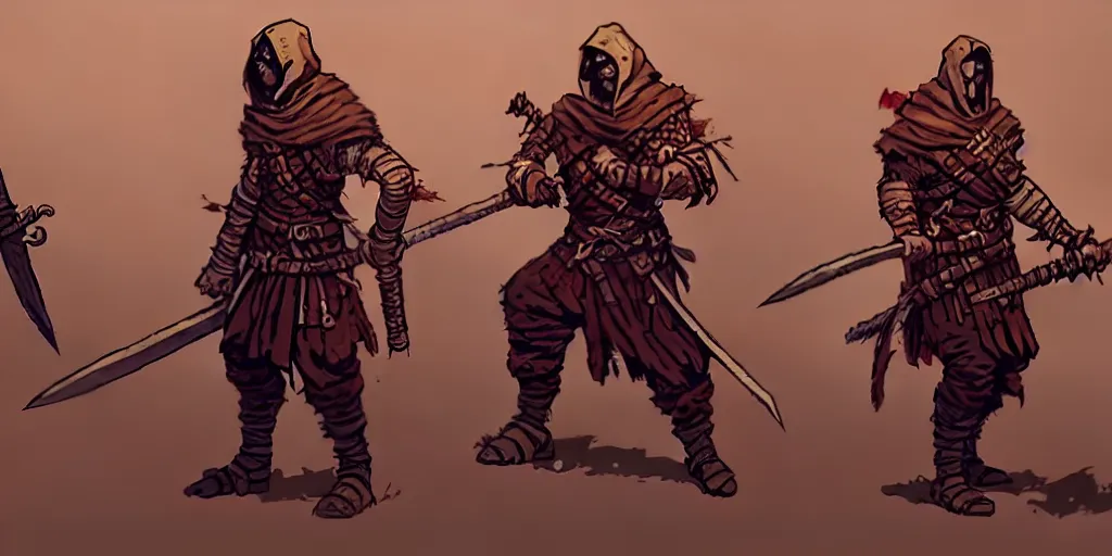 Image similar to warrior character design, idle pose, sword, sprite, darkest dungeon, pc game, sideview, art by moebius and greg rutkowski.