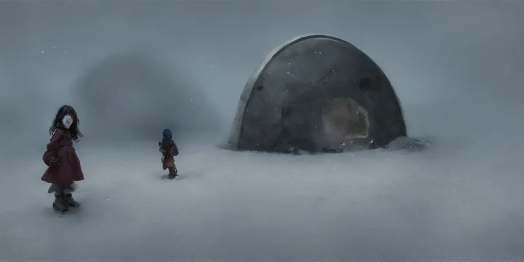 Prompt: young girl back to us in front of an igloo in the tundra,, mysterious matte painting by ruan jia and craig mullins, trending on artstation
