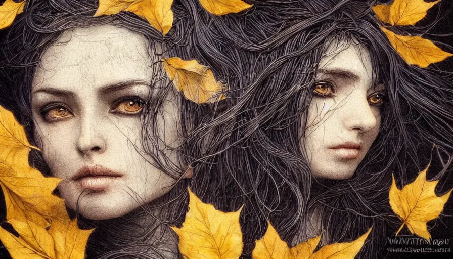 Image similar to dark colors, golden leaves at frame border, creative!!! composition for a book cover!!!, absurdly beautiful, ultrafine hyperrealistic detailed old!! witch face by wlop and artgerm and greg rutkowski, intricate linework, sharp focus, smooth, octopath traveler, final fantasy, unreal engine, dramatic lighting, ethereal, 8 k