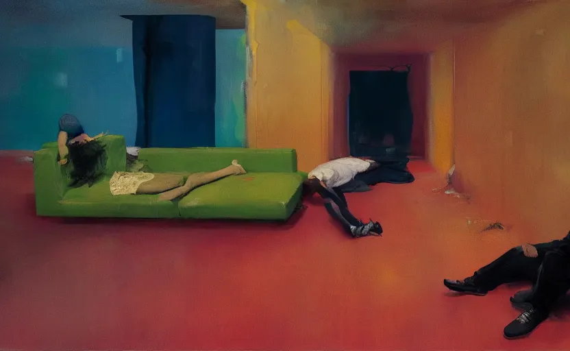 Prompt: abandoned lovers collapsed in a the void metro, couches melting, Adrian Ghenie, 8k, Peter Doig, style of Edward Hopper, Todd Hido, Jenny Saville, colors of Mark Rothko