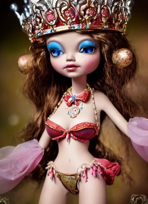 Image similar to highly detailed closeup, profile portrait of a tin toy fairytale princess wearing a crown, bikini, unreal engine, nicoletta ceccoli, mark ryden, earl norem, lostfish, global illumination, detailed and intricate environment
