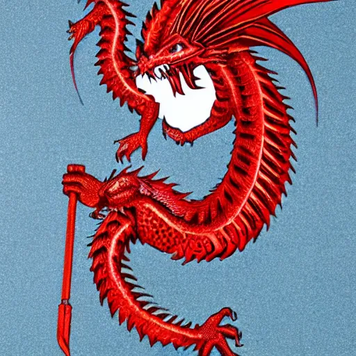 Prompt: a red dragon holding a red die, white background