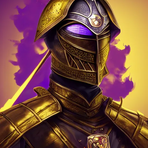 Image similar to a highly detailed knight with glowing purple eyes in a T golden helmet and a golden crown with a blue diamond in the center, golden armor, leather clothes under the armor, leather gloves, holds a black sword, artstation, DeviantArt, professional, octane render, sunset lighting