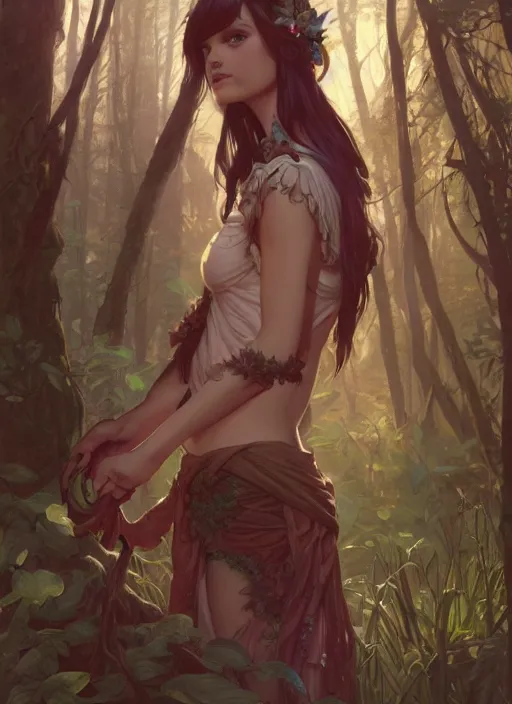 Image similar to a beautiful cute young demon princess in a forest, D&D, fantasy, intricate, cinematic lighting, highly detailed, digital painting, artstation, concept art, smooth, sharp focus, illustration, art by Terry Moore and Greg Rutkowski and Alphonse Mucha