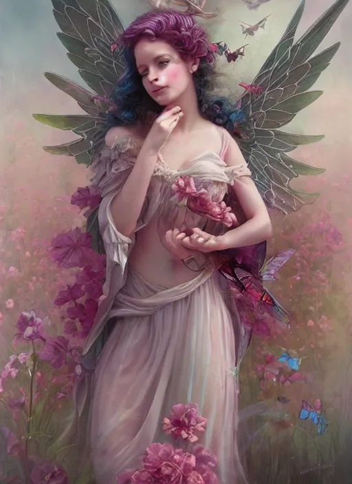 Prompt: a beautiful pink fairy with large wings and long flowing hair exploring her flower garden, style of tom bagshaw, extremely detailed, muted colors