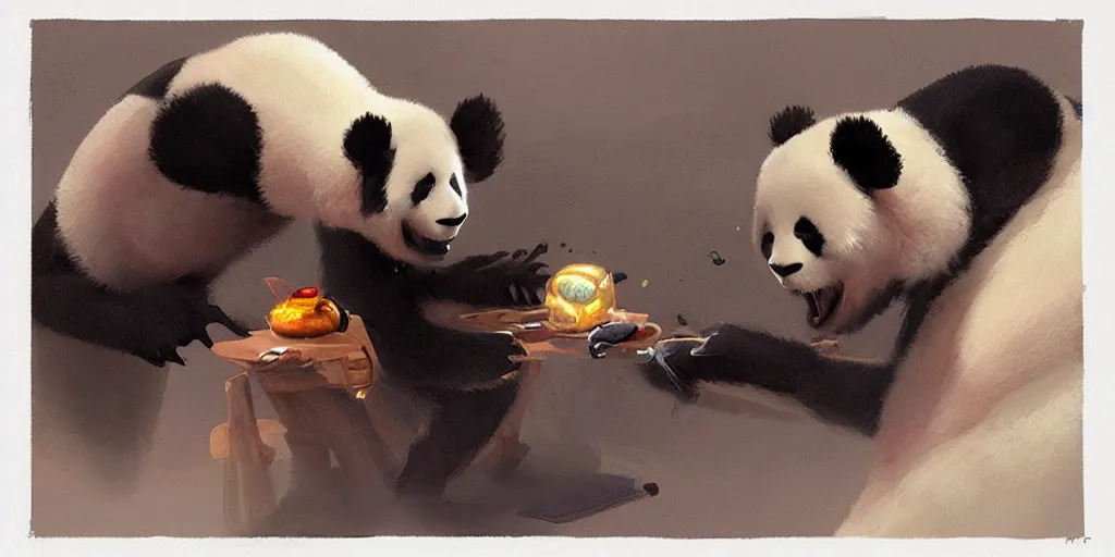 Prompt: Alien passing blunt to an anthropomorphic panda by Greg Rutkowski, Sung Choi, Mitchell Mohrhauser, trending on artstation, fine details