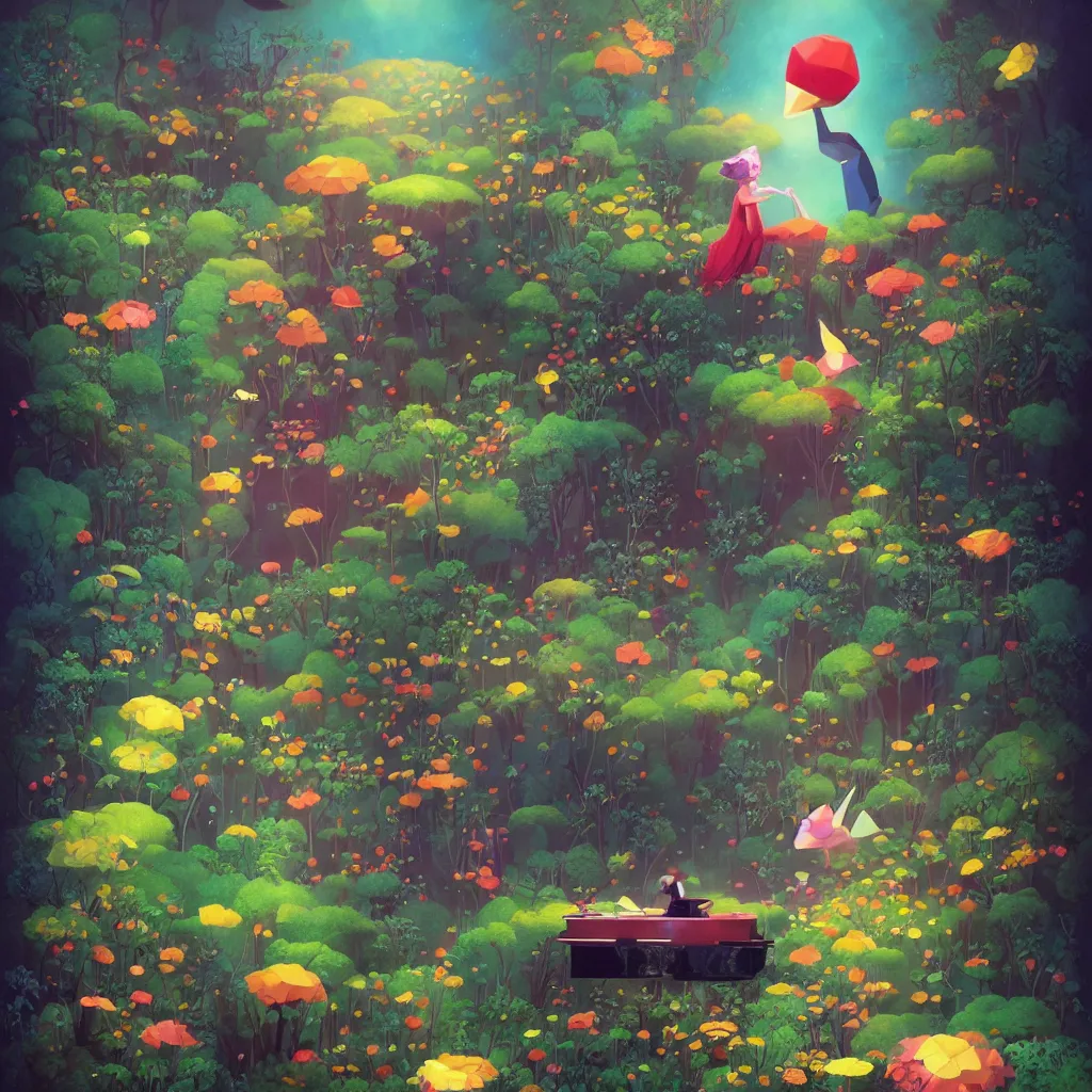 Image similar to low poly, pixar, la pianista Elesky tocando su piano en un surreal hybrid animals, nostalgia for a fairytale, magic realism, flowerpunk, mysterious vivid colors by andy kehoe and amanda clarke en un mundo de Gediminas Pranckevicius