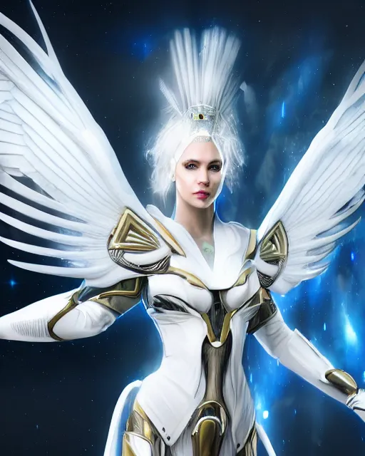 Image similar to perfect white haired attractive egyptian goddess with huge white dove wings, warframe armor, beautiful, symmetric, charlize theron, half asian, pretty face, blue eyes, cyborg, scifi platform, laboratory, experiment, 4 k, ultra realistic, epic lighting, android body, illuminated, cinematic, masterpiece, art by akihito tsukushi, voidstar