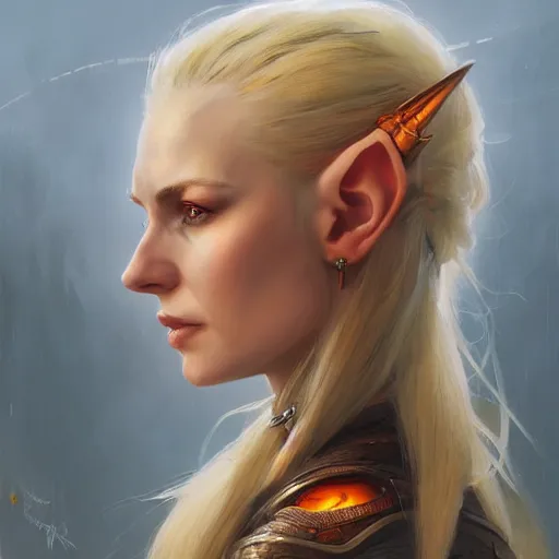 Prompt: A head-on detailed oil portrait of a pretty elf woman with small copper colored horns on her forehead, long blonde hair and bright irises, by greg rutkowski, trending on artstation, dungeon and dragons art