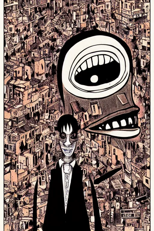 Image similar to junji ito illustration of an orange-headed businessman, creepy face, cyberpunk city