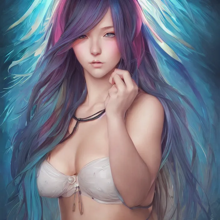 Image similar to portrait of beautiful symmetrical anime girl, rainbow hair, attractive, casual, modern, victoria's secret, highly detailed, digital painting, artstation, concept art, smooth, sharp focus, illustration, art by artgerm, greg rutkowski and alphonse mucha, 8 k,