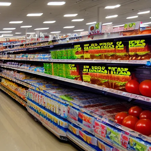 Image similar to Walmart Grocery Store Inside, Cam view, star wars ground battle in the store, using tomatoes, banana as weapons, 40nm lens, shallow depth of field, split lighting, 4k,