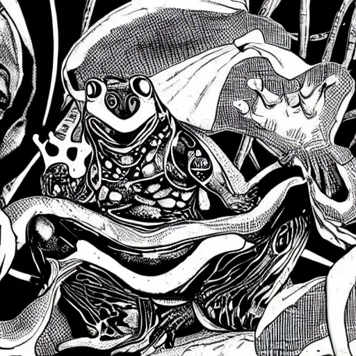 Image similar to a frog in the dr strange universe, black and white except the frog, the frog is green