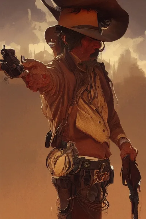 Image similar to Ultra realistic illustration of cowboy, spaghetti western, train station, hot day, intricate, elegant, highly detailed, digital painting, artstation, concept art, smooth, sharp focus, art by artgerm and greg rutkowski and alphonse mucha