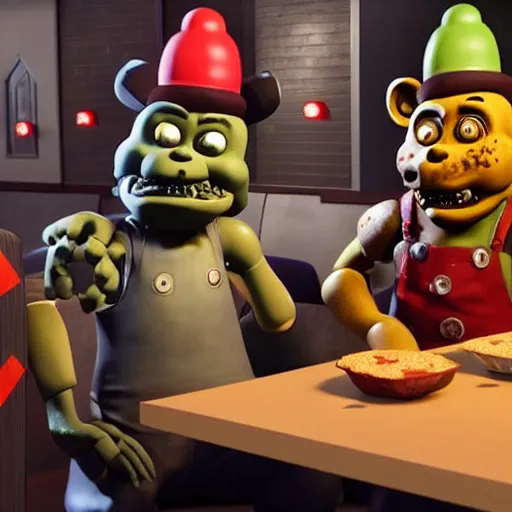 Prompt: five night's at freddys sitting in a chucky cheese restaurant, octane render, ultra detail, ultra realistic, 8 k