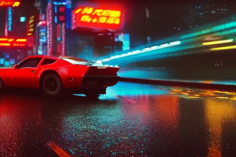 Image similar to a single trans am, speeding down tokyo highway in the rain, night time, neon lights, thunderstorm, movie still from the movie bladerunner 2 0 4 9