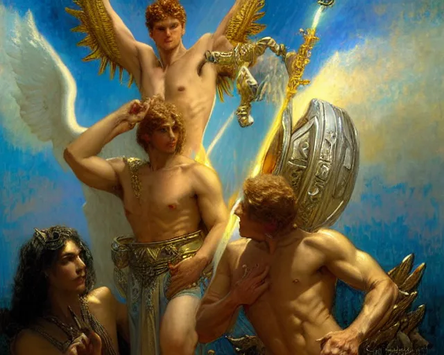 Prompt: gallant male deity, casting angelic magic, summoning regal lucifer morning star, as they negotiate over the earthly realm, highly detailed painting by gaston bussiere, craig mullins, j. c. leyendecker, tom of finland