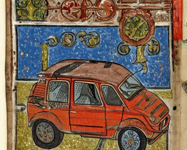 Prompt: Page from illuminated medieval manuscript showing a rusty Fiat 126p