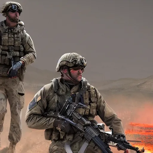 Prompt: Special Forces soldiers in grey uniforms fighting in Afghanistan in 2018, dynamic composition, cinematic lighting, warm and vibrant colors, art by Sam Weber and Michael C Hayes, 8k, trending on artstation, hyper detailed, cinematic