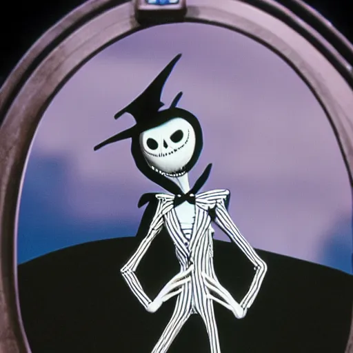 Prompt: Jack Skellington from Tim Burtons Nightmare Before Christmas on the bridge of the USS Enterprise