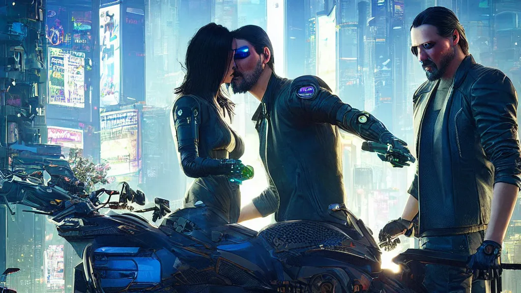 Prompt: a cyberpunk 2077 srcreenshot couple portrait of Keanu Reeves and a female android final kiss in night city,love,film lighting,by Lawrence Alma-Tadema,Andrei Riabovitchev,Laurie Greasley,Dan Mumford,John Wick,Speed,Replicas,artstation,deviantart,FAN ART,full of color,Digital painting,face enhance,highly detailed,8K,octane,golden ratio,cinematic lighting