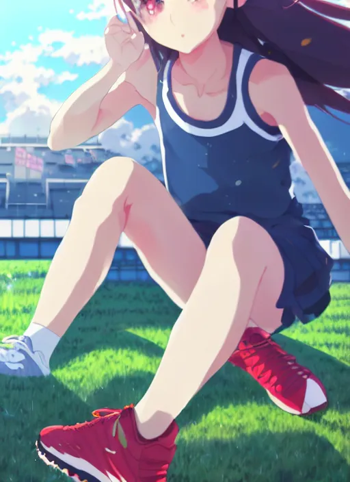 Image similar to portrait of high school runner girl, sunny sky background stadium landscape illustration concept art anime key visual trending pixiv fanbox by wlop and greg rutkowski and makoto shinkai and studio ghibli and kyoto animation red sports clothing marathon race running shoes sponsors