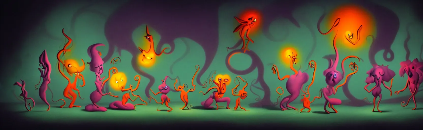 Image similar to whimsical unanny creatures from the depths of the collective unconscious, dramatic lighting, surreal fleischer cartoon characters