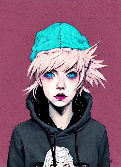 Prompt: highly detailed portrait of a swedish sewer punk lady student, blue eyes, tartan hoody, hat, white hair by atey ghailan, by greg tocchini, by kaethe butcher, by james gilleard, gradient pink, black, brown, cream and light blue color scheme, grunge aesthetic!!! ( ( graffiti tag wall white background ) )