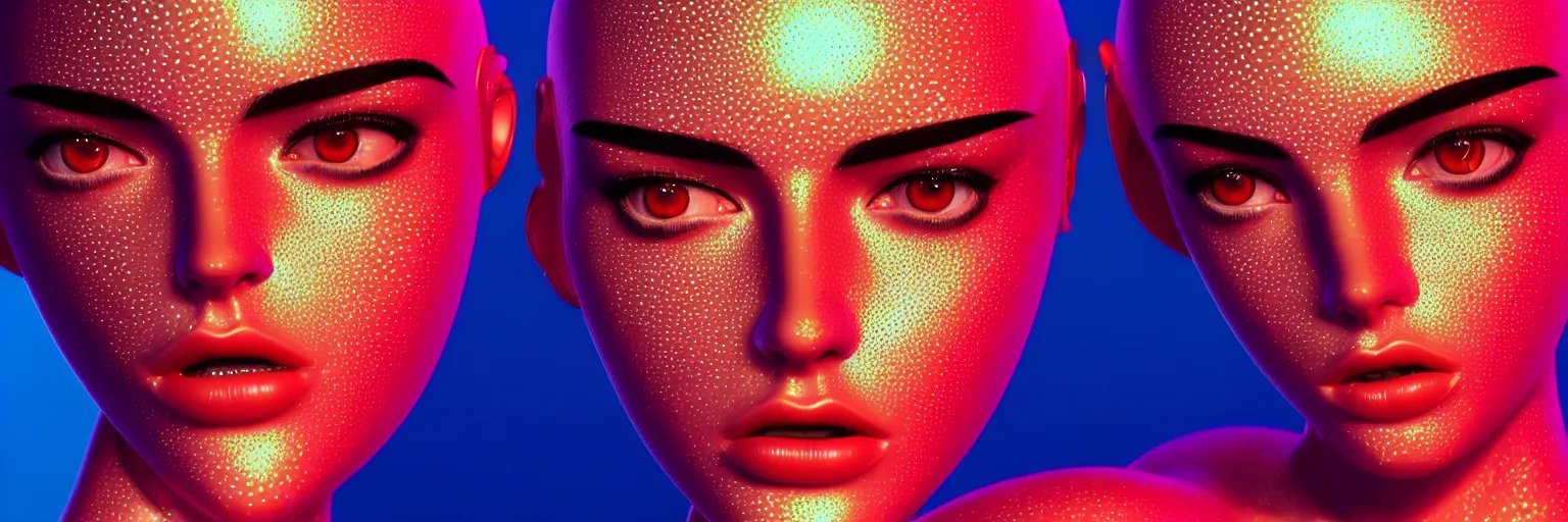 Prompt: a close - up of sensual female humanoid head with freckles cheeks, out - focussed cyber neon lighting background, retro futurism, retro futuristic glossy latex bikini, bokeh background, profile posing, hyper photorealistic, crispy quality, digital photography, art by pascal blanche, art by artgerm, art by greg rutkowski,