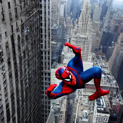 Image similar to spider - man falling from a building the background is the city of new york great photograph