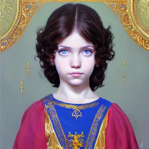 Image similar to a little girl with short wavy curly light brown hair and blue eyes, a space empress in byzantine style. beautiful highly detailed face, painting by ilya kuvshinov and raymond swanland