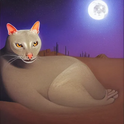 Prompt: the illuminated mystic dark cat, softly lit from behind like a Catholic saint portrait, full moon night, in the desert. Portrait by Paul Bonner, oil on canvas