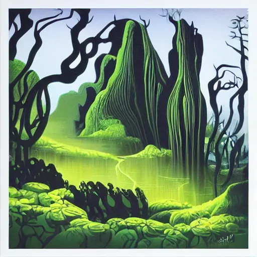 Image similar to painting of a lush natural scene on an alien planet by eyvind earle. magical realism. very detailed. beautiful landscape. weird vegetation. cliffs and water.