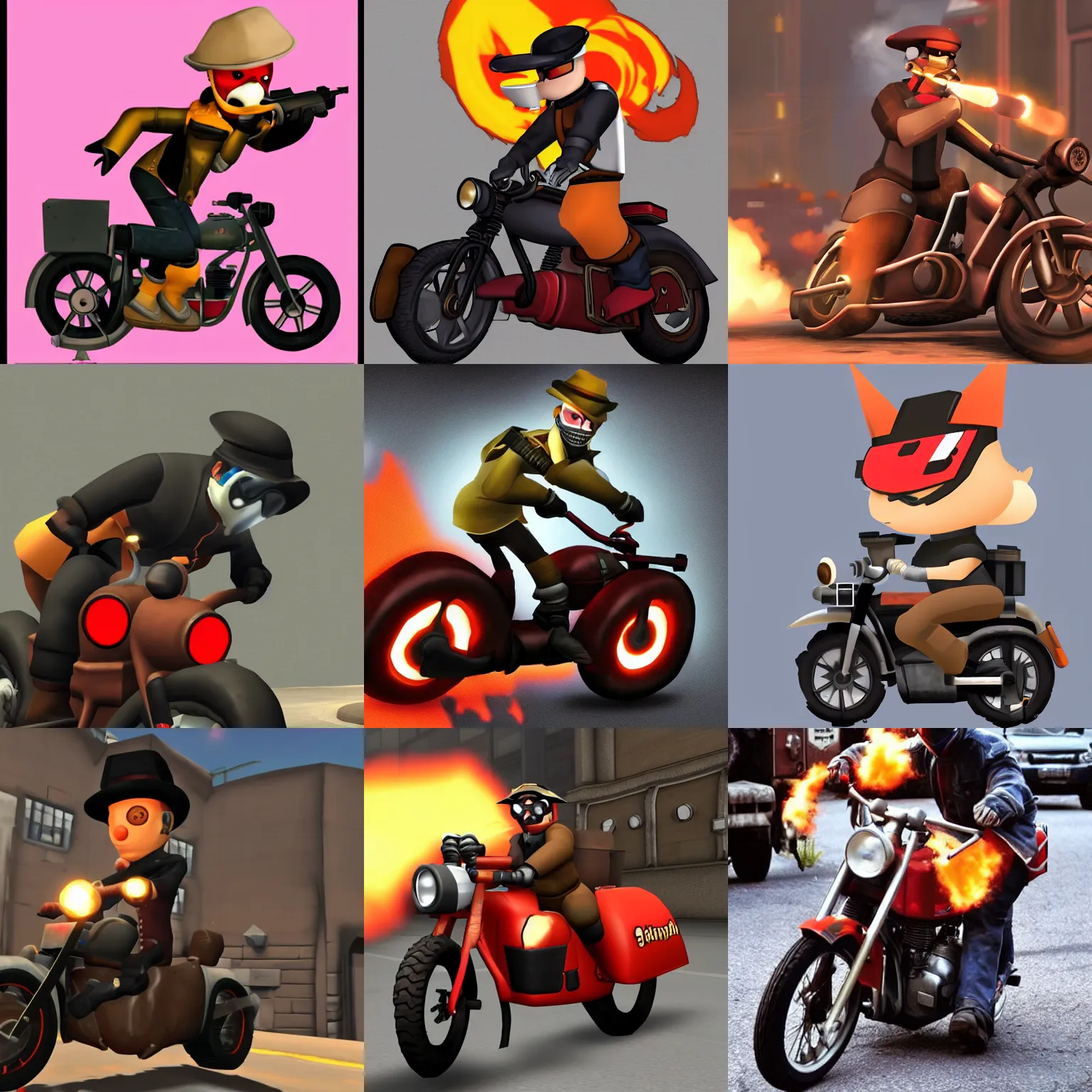 Prompt: pyro from team fortress 2 riding a motorcycle