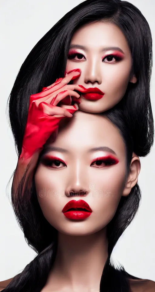 Image similar to vogue fashion model portrait asian woman, black and red, elegant