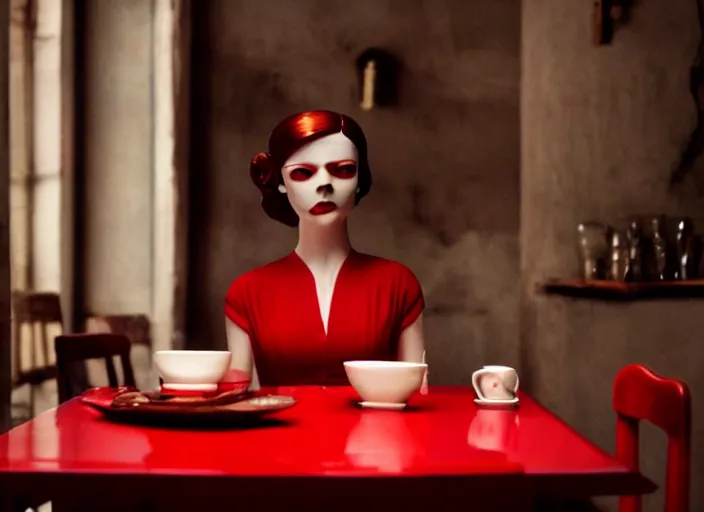 Image similar to movie still of a woman in a red dress made out of porcelain sitting at a table in a cafe, smooth white skin, creepy, directed by Guillermo Del Toro