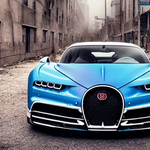 Prompt: an abandoned bugatti chiron in a post - apocalyptic city