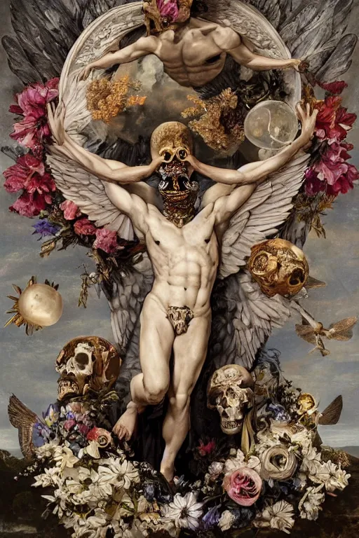 Prompt: A flying icarus reaching for the sun with a skull mask and wings as a Greek sculpture, quartz crystal skull, wreath of flowers and abstract milky quartz eyes, many large flying monster eyes, flowing sakura silk, fabric, flowers. baroque elements, human skull. full-length view. baroque element. intricate artwork by caravaggio. many many birds birds on background. Trending on artstation. halo. octane render, cinematic, hyper realism, octane render, 8k, depth of field, 3D