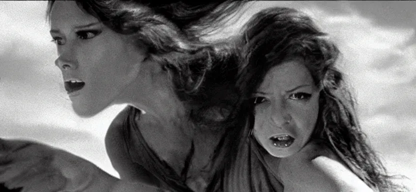 Image similar to a beautiful woman fighting a monster film still from a roger corman film, hyperrealistic