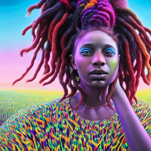 Image similar to a wide angle shot of a black girl with colorful dreadlocks in a field of candy, by Adi granov and afarin sajedi and amanda sage and evgeni gordiets and Agostino Arrivabene and adonna khare in a psychedelic portrait style, ultrarealistic matte painting, volumetric lighting, fractal, extremely symmetrical, highly detailed face, orisha, 8k, hd